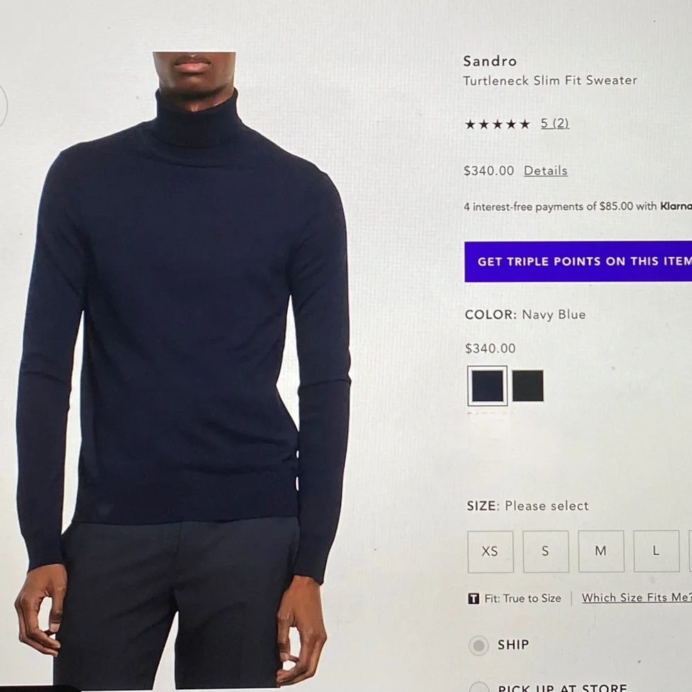 Sandro 100% Wool Slim FitTurtleneck Sweater Indigo Blue New With Tags  $…